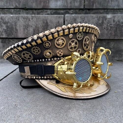 2020 Steampunk Military Hat Germany Officer Army Hat Punk Military Hats Police Cap Cosplay Halloween Hat With Punk Glasses