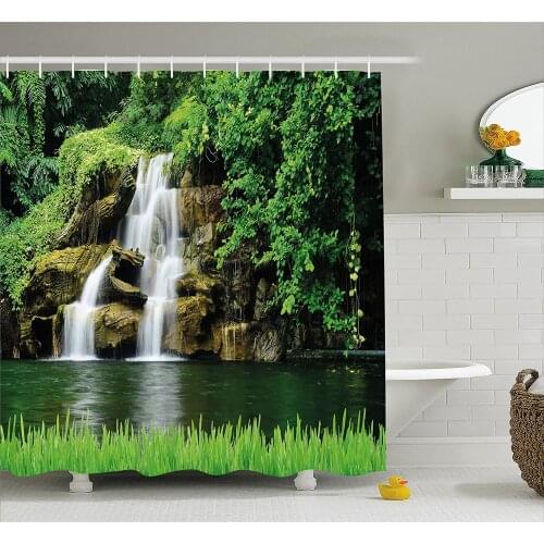 Waterfall Shower Curtain Double Waterfalls Flow to Natural Green Lake with Bushes and Grass Like Garden Bathroom Curtains