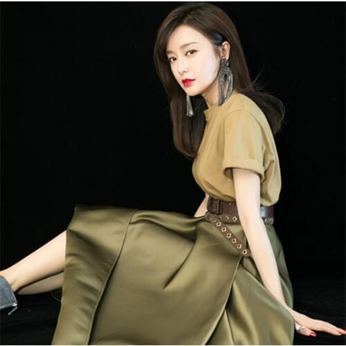 2019 Lan Qin Star Army Green Round Neck Short Sleeve T Pity Irregular Long Fund High Waist Skirt Woman 9851