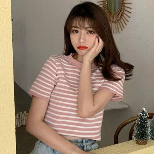 2021 Female Kawaii Cute Sweet Slim Knitted Striped All-Match T-Shirt Womens Korean Style Casual O Neck Short Sleeve Tee Summer