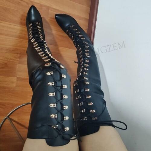 DOBANER Women Over Knee Boots Stiletto Metal Heels Boots Black Botas Mujer Ladies Faux Leather Shoes Woman Big Size 37 39 41 43