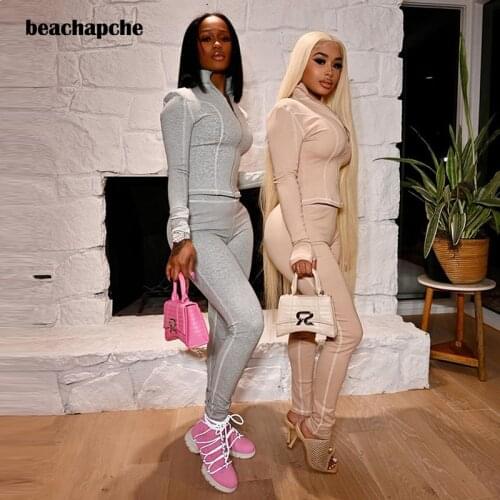 Beachapche Fashion Long Sleeve Stand-up Collar Zip-up Bodycon Tops Leggings Two Pieces Set 2021 Autumn Winter Women Streetwear