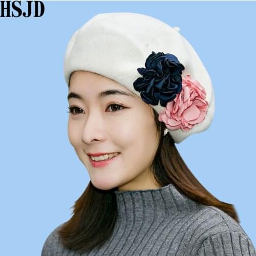 2017 new fashion elegant winter beret hat for women silk flower decor high quality vintage wool beret Female Hats Autumn Winter