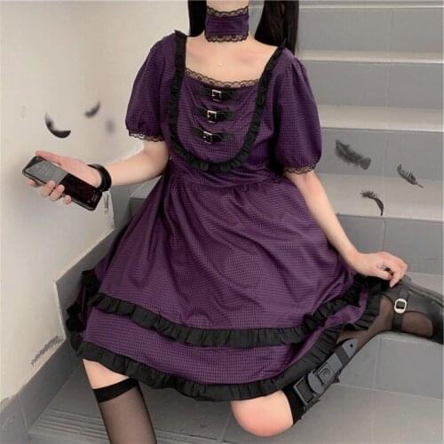 Harajuku Gothic Lolita Dress Japanese Summer Girls Purple Plaid Kawaii Mini Dress Women Elegant Sweet Lace Ruffles Punk Dresses