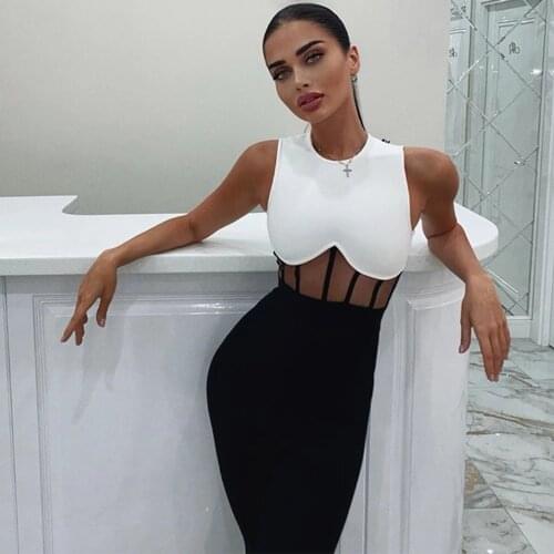 2021 New Summer Tank Bodycon Club Bandage Dress Women Sexy Sleeveless Black Lace Midi Celebrity Evening Runway Party Dress