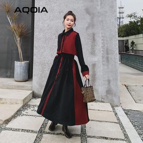 2021 Spring Korean Women Long Dress Vintage Patchwork Button Up Turn Down Collar Ladies Dress Plus Size Detachable Shawl Dress
