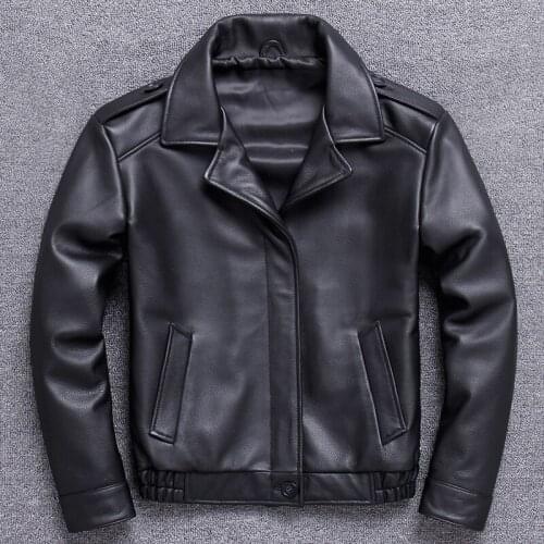 2020 Short Genuine Cow Leather Jacket Men Cowhide Casual Coat Flight Jacket Autumn Mens Leather Jackets Slim 9-1615 KJ2281