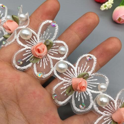 20x Vintage 3D Pearl Beaded Rose Flower Embroidered Lace Trim Ribbon Floral Applique Patches Dress Fabric Sewing Craft 4cm