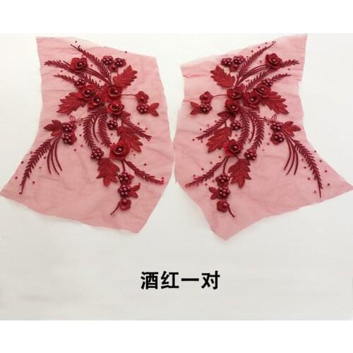 3D Pairs pearl shiny sequins beaded Embroidery black pink flower Lace motif applique for DIY sewing lady dress and costume