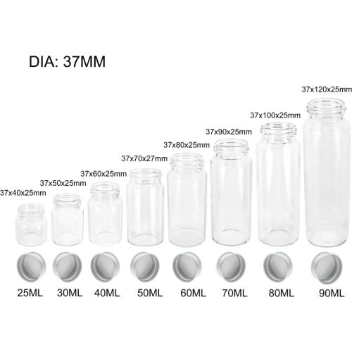 6PC 25ml 30ml 40ml 50ml 60ml 70ml 80ml 90ml Mini Glass Clear Bottle With Silver Screw Aluminum Cap Food Container Jars Vials