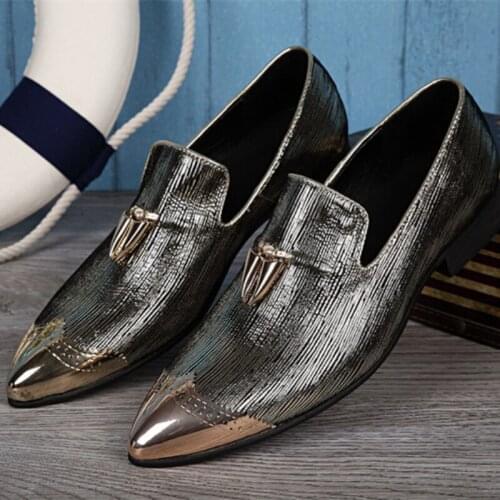 Christia Bella Plus Size Genuine Leather Man Slip on Shoes Metal Pointed Toe Male Party Prom Shoes Classic Mens Dress Shoes