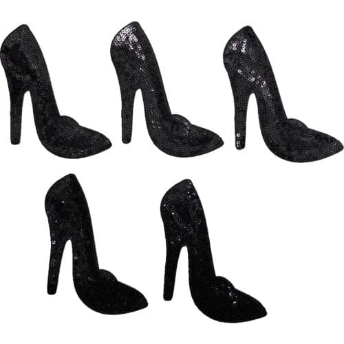DD New Custom Black Sequins High-heeled Shoes Patches for Clothes Jackets iron on Sequined women shoes Embroidery Applique 5pc
