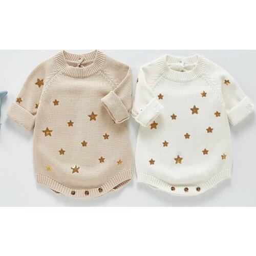 Spring Baby Girls Long Sleeve Embroider Rompers Jumpsuit Clothes Autumn Cute Kids Baby Girl Star Printing Knit Clothes Rompers