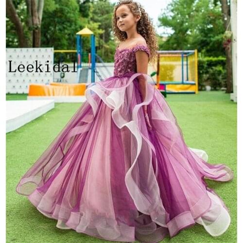 Fuchsia Tiered Tulle Flower Girl Dress Jewel Sheer Neck Sleeveless Appliqued Lace Beaded Pageant Dresses Puffy Birthday Gowns