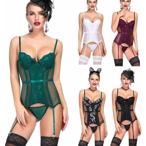 Embroidery Hot Sexy Lingerie Women See Through Transparent Lace Push up Bra Set Bra Garters G Thong 2 Piece Set Underwear Night