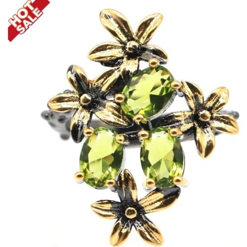 28x21mm Gothic Unique Design Vintage Created Green Peridot Cool Black Gold Silver Ring For Ladies Daily Wear Silver Rings