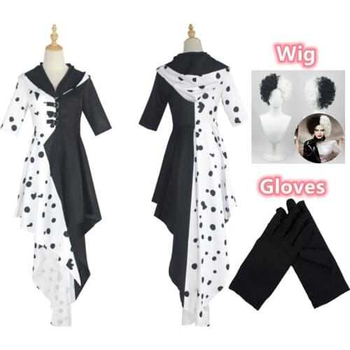 Movie Cruella De Vil Cosplay Costumes 101 Dalmatians Womens Girls New Fashion Black White Dress Wig Halloween Party Clothes