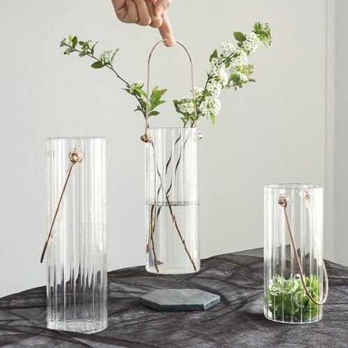 Metal Portable Flower Vase Vertical Pattern Glass Vase Nordic Transparent Glass Plants Flower Pots Hydroponics Home Terrarium