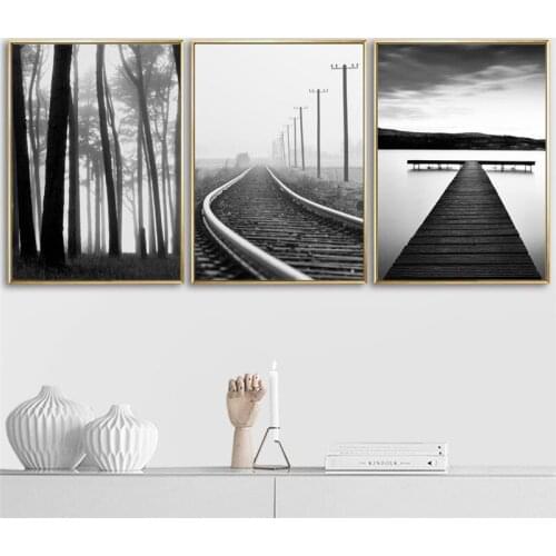 3 Panel unframed Nordic Poster Wall Art Canvas Painting Print Black White Sea Sky Bridge Tree Railway Picture For living room De