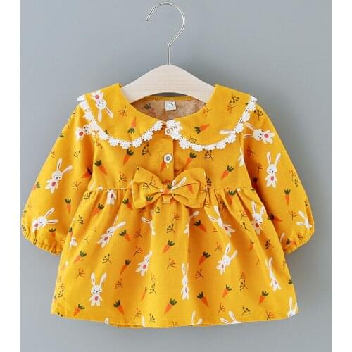 2020 New Autumn Spring Girls Dress Korean Big Lapel Long Sleeve Cartoon print Dress Casual Princess Childrens Clothing