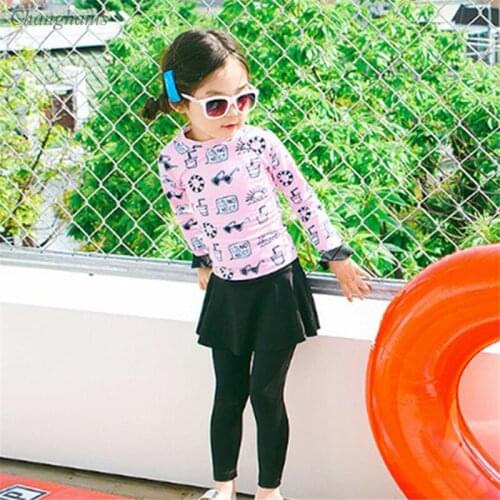 2020 New Models 1-10 Y Girls Rash Guard Children Two Pieces Swimwear Pink Black Kids Long Sleeve Swimsuit Surfing Suit