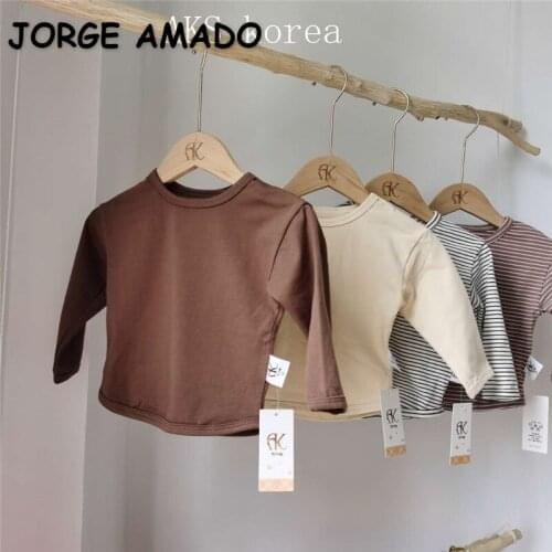 2021 New Spring Kids Girls Boys T-Shirts Solid Color Striped Long Sleeves Casual Style Blouses Children Clothes E99