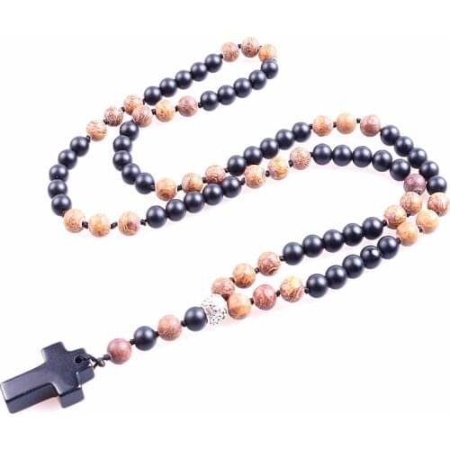 New Design fashion 8mm stone bead handmade Black Mens Cross Necklace Jewelry