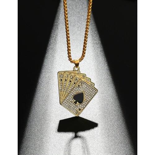 Punk Poker Necklace 60cm Chain Length Alloy Cubic Zirconia Hip-Hop Rock Personality European And American Spades Pendant Bar Men