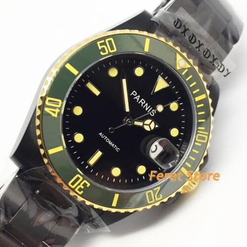 Parnis Top luxury 40mm Stainless steel black pvd case green Ceramic Bezel sapphire glass automatic fashion leisure mens watch