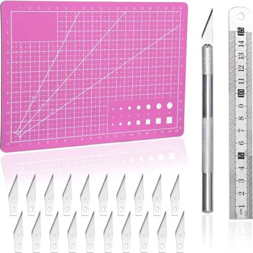 KAOBUY Professional Self-Healing A5 Cutting Mat Carving Craft Hobby Knife With 20 Pcs Blades, Stainless Steel Ruler For Leather