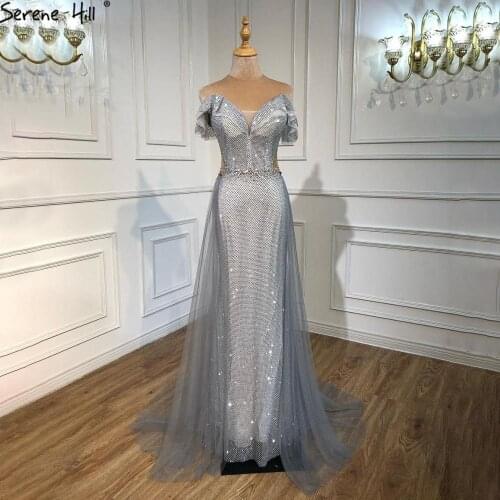 Serene Hill Silver Off Shoulder Evening Dress 2021 Elegant Mermaid Sparkle Luxury Rhinestone Formal Party Wear Gown CLA70813