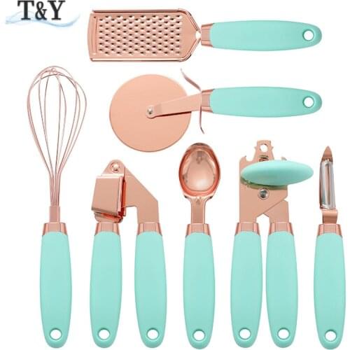 T&Y Set of 7 Copper Plated Rose Gold Kitchen Gadgets Tool Set, Pizza Cutter, Can Opener, Stainless Steel Utensils Accessories