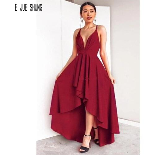 E JUE SHUNG Burgundy High Low Evening Dresses V-Neck Criss-Cross Back Formal Party Prom Gowns Cheap Chiffon Vestidos De Fiesta