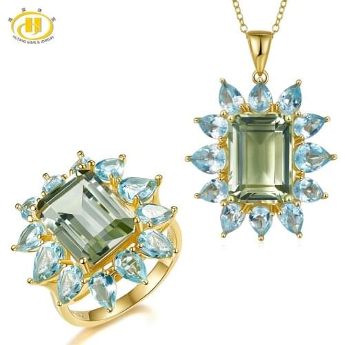 Hutang Green Amethyst Jewelry Sets Natural Gemstone Sky Blue Topaz 925 Solid Sterling Silver Ring Pendant Fine Fashion Jewelry