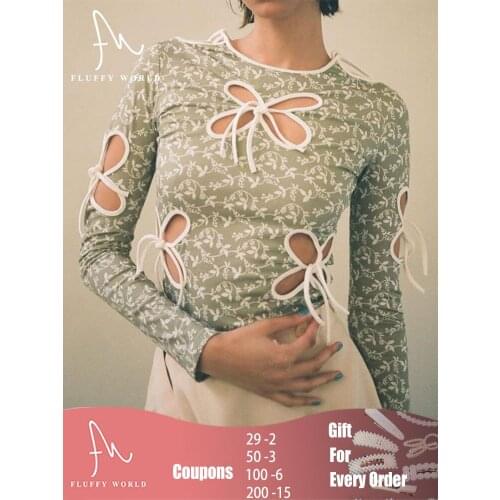 Women Y2k Long Sleeve Hollow Out T-shirt Bow Lace Floral Cropped Tops Fashion Casual Basic O Neck Tee Shirt 2021 Spring Autumn
