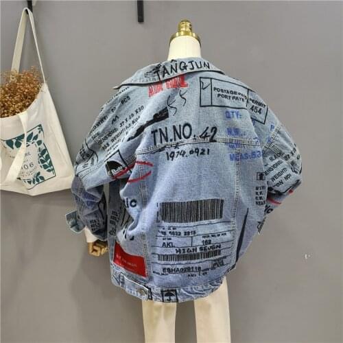 Wenfly Women Denim Jacket Loose Embroidery Letter Harajuku Large Size Single Breasted Turn-Down Collar Female Outerwear