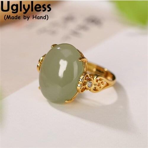 Uglyless Hollow Palace Design Luxury Big Gemstones Rings for Women Natural Hotan Jade Rings 925 Sterling Silver Jewelry Fashion