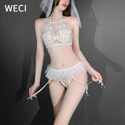 WECI New Womens White Sexy Bridal Cosplay Lingerie Tulle Wedding Dress Uniform Transparent Lace Embroidery Romantic Bride Suit