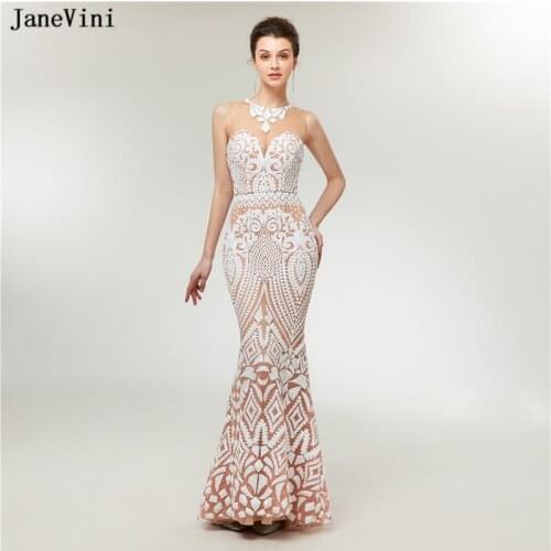 JaneVini Sexy Mermaid Sequined Long Bridesmaid Dresses for Women O Neck Sheer Back Floor Length Formal Prom Gowns Vestido Largo