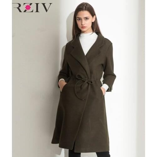 RZIV autumn and winter coat women casual solid color coat lapel horn section Sleeve long coat