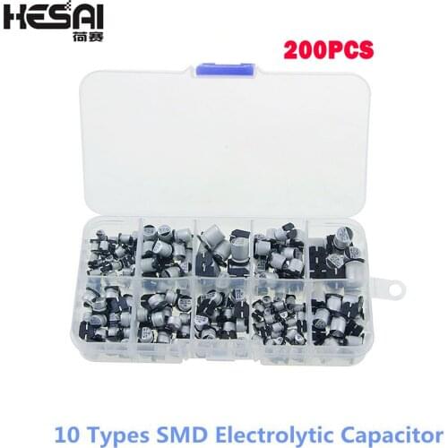 200pcs 10 Types SMD Electrolytic Capacitor Assorted Diy Kit 10V~50V 1uF~470uF with Storage Box