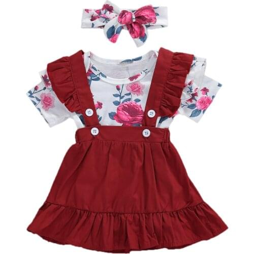3Pcs Infant Kids Baby Girls Outfit Short Sleeve Sweet Rose Round Collar Romper + Suspender Skirt + Bow Headwear