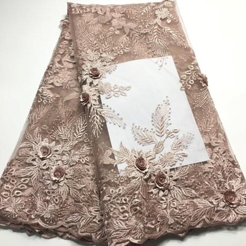 Brown 3D Flowers African Lace Fabric with Beaded French Lace Fabric Appliques Tulle Lace for Bridal Wedding Party Dress M4883