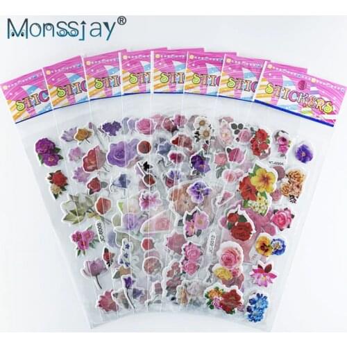8 Sheets/pack pretty flowers pattern 3D puffy bubble stickers cartoon waterproof DIY sticker toys for Children