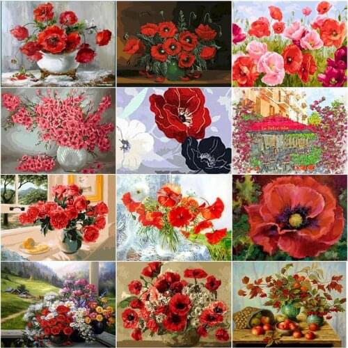 GATYZTORY Painting By Numbers Red Flowers Drawing By Numbers On Canvas Unframed HandPainted Kits Wall Art Gift Decor For Living