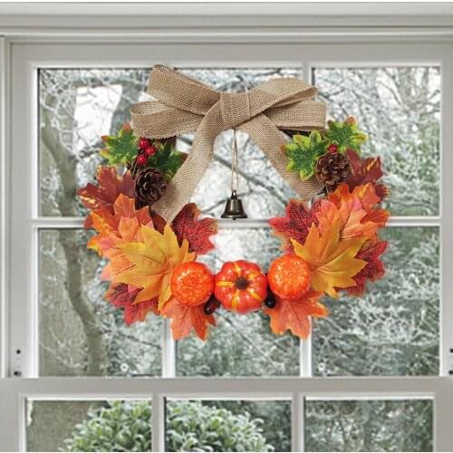 Halloween Autumn Maple Fall Leaf Pumpkin Wreath With Bells Front Door Hanging Wall Ornaments Home Thanksgiving Decoration