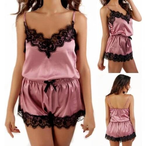 2 Pcs Women Sexy-Lingerie Sleepwear Stretch Satin Silk Babydoll Lace Pajamas Set Plus size S-3XL
