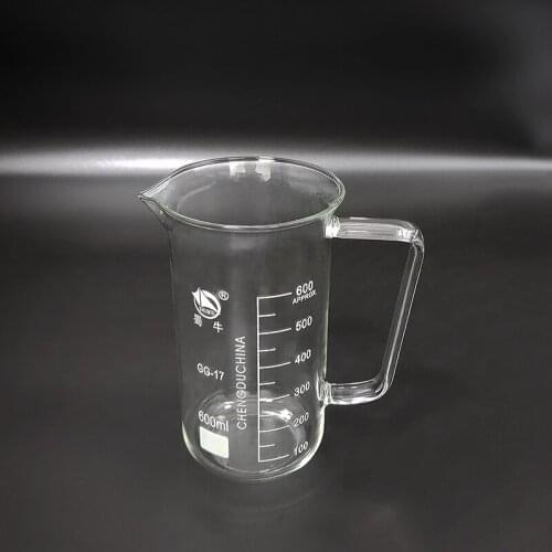 With handle Beaker in tall form,Capacity 600ml,Outer diameter=82mm,Height=170mm,Laboratory beaker