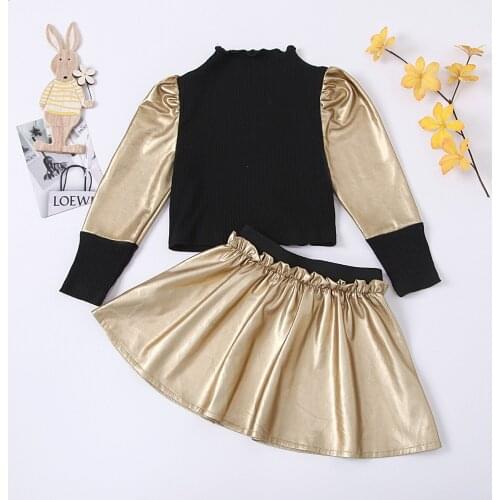 Newborn Baby Girl Fashion Set Long Sleeve Knitted Patchwork PU Tutu A-lined Skirt Outfits Set 1-8Years