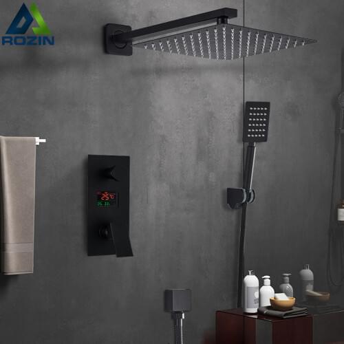 Matte Black Bathroom Shower Faucet Set Digital Display Rain Black Bath Shower System Waterfall Shower Bathtub Mixer Tap